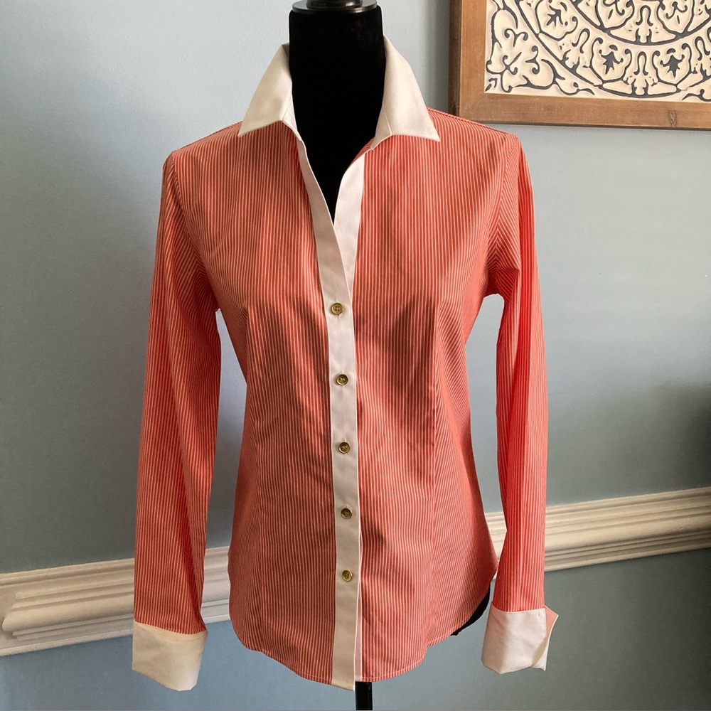 Jones New York Collection Pinstripe French Cuff Button-Down Red White Medium - Picture 3 of 12